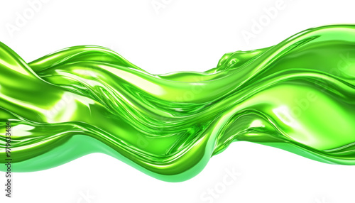 green wave fluid holographic Iridescent 3d render abstract isolated on transparent background cutout