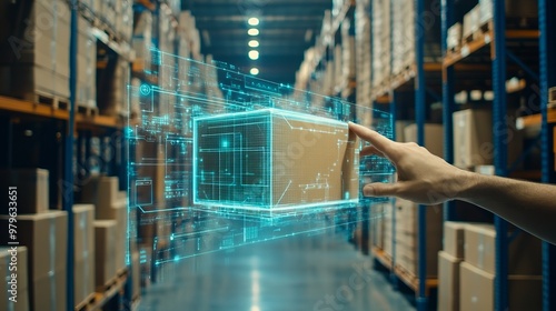 Smart warehouse management system identify package picking and delivery . Future concept of supply chain and logistic business