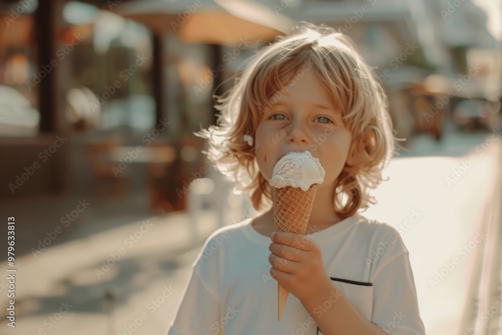 Gleeful child long blond hair capturing essence of happiness. Ice cream delight brings joy to a child's face. Serene and genuine happiness of young soul enjoying outdoors. Gleeful child long blond hair capturing essence of happiness. Ice cream delight brings joy to a child's face. Serene and genuine happiness of young soul enjoying outdoors.