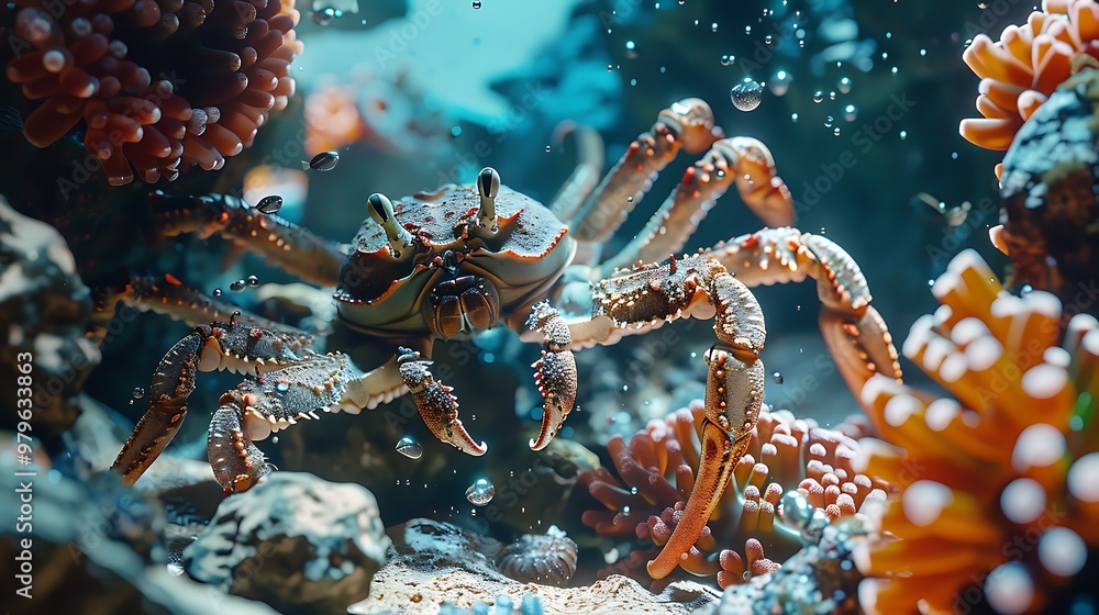A crab and stone octopus close to the edge of a coral reef A crab and stone octopus close to the edge of a coral reef