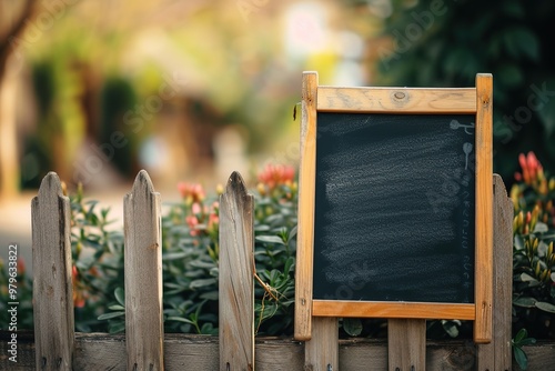 A wooden fence with a blackboard on it photo