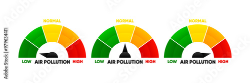 Air Pollution meter. Air Quality Index scale. Low and High level. Gauge with quality index dial showing. Vector illustration.