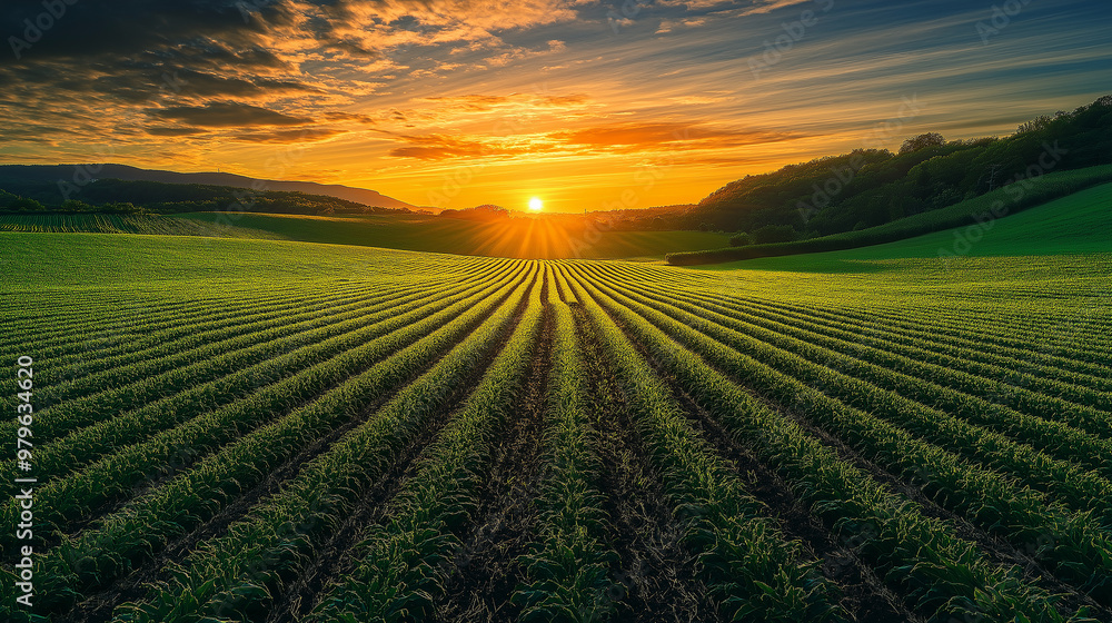 Sun shining over a green field of crops at sunset Sun shining over a green field of crops at sunset