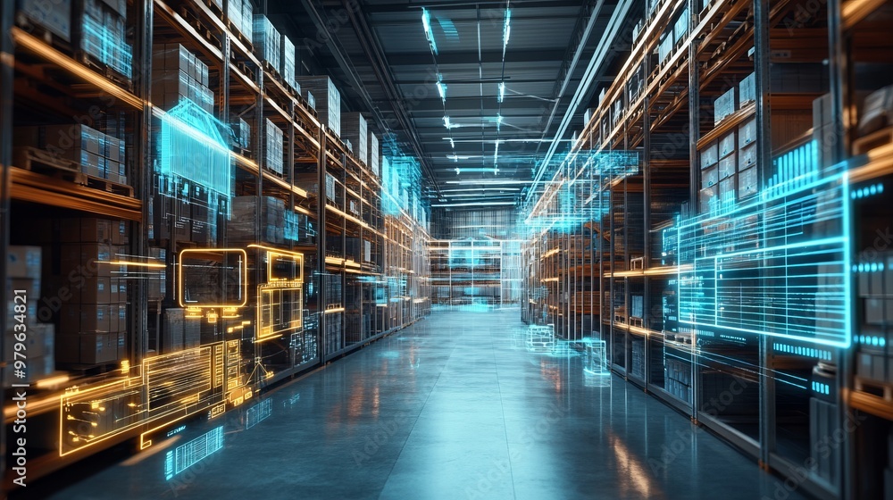 Smart warehouse management system identify package picking and delivery . Future concept of supply chain and logistic business Smart warehouse management system identify package picking and delivery . Future concept of supply chain and logistic business