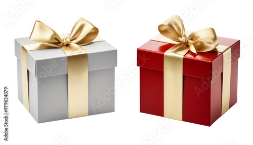 grey and white gift box with gold ribbon isolated on transparent background cutout