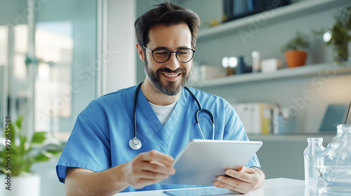 A smiling doctor wearing scrubs and a stethoscope gives medical advice to paitient via video call while working in a bright medical office. photo