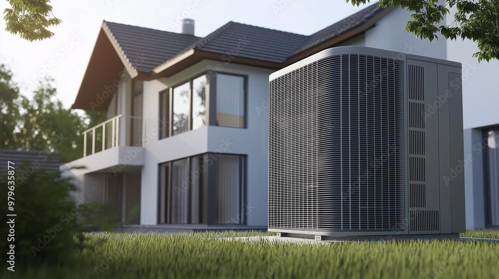 Heat pump standing outside modern house in suburban neighborhood Heat pump standing outside modern house in suburban neighborhood