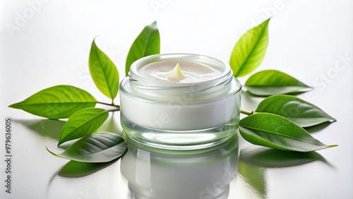 Soothing eye cream jar on a glass platform surrounded by few green tea leaves on a clean white background, highlighting natural antioxidant benefits.