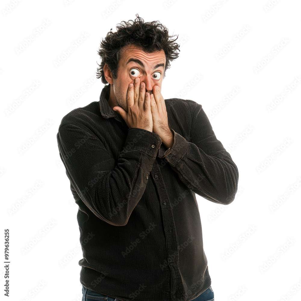 A man leaning back with a disgusted expression, one hand covering his mouth isolated on transparency background A man leaning back with a disgusted expression, one hand covering his mouth isolated on transparency background