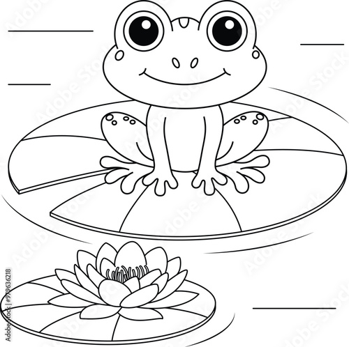 Cute frog sitting on the lotus leaf cartoon outline coloring page for kids