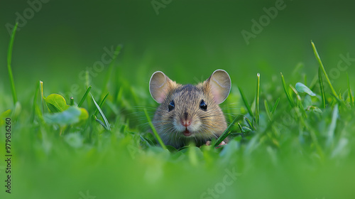 Cute field mouse peeking through green grass