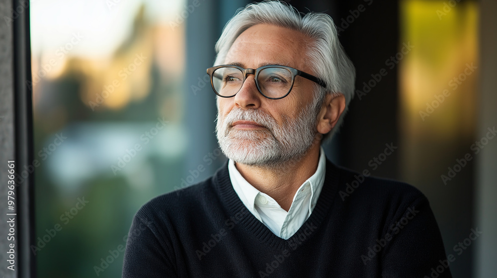 Senior businessman wearing glasses looking up thoughtfully through office window Senior businessman wearing glasses looking up thoughtfully through office window