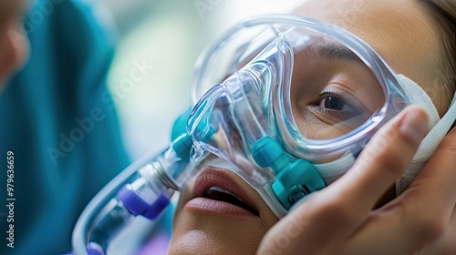 Close-up of a patient's face with an oxygen mask photo