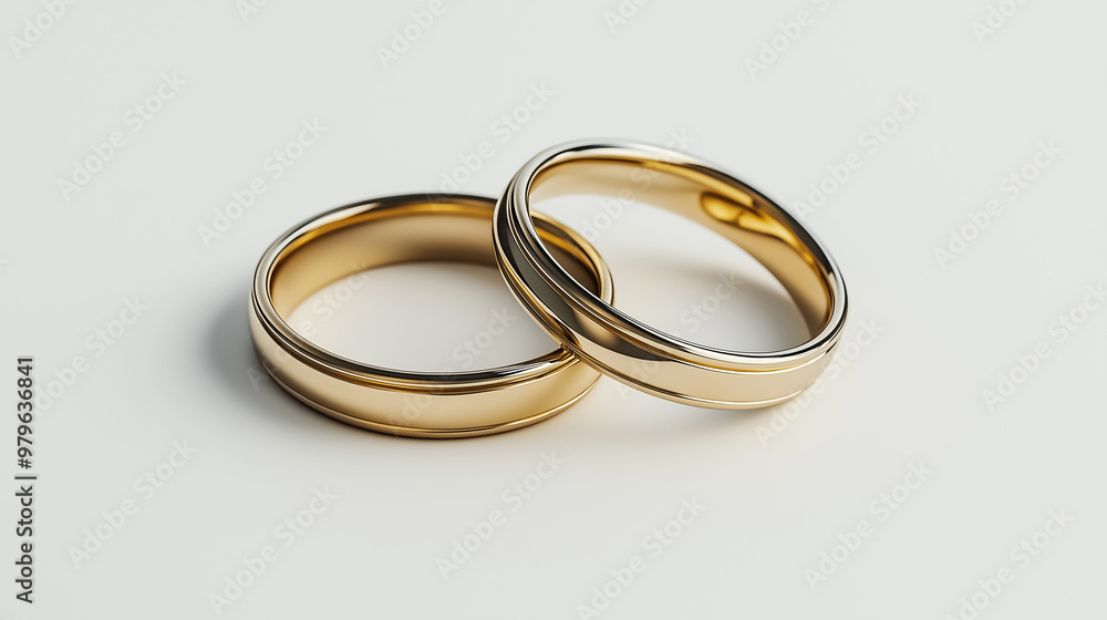 Two golden wedding rings resting on white surface Two golden wedding rings resting on white surface