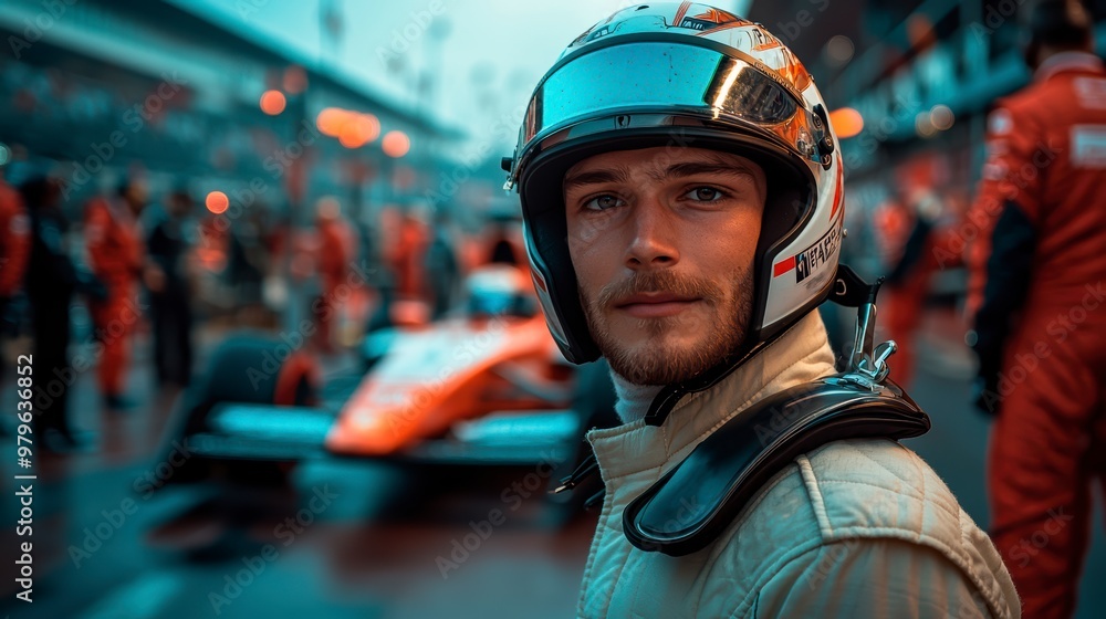 A Formula 1 racer in racing gear stands in front of his car at the pit stop of the race track A Formula 1 racer in racing gear stands in front of his car at the pit stop of the race track