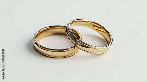 Two golden wedding rings resting on white surface