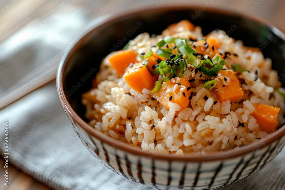 Japanese mixed rice with sweet potato in bowl on wooden table Japanese mixed rice with sweet potato in bowl on wooden table