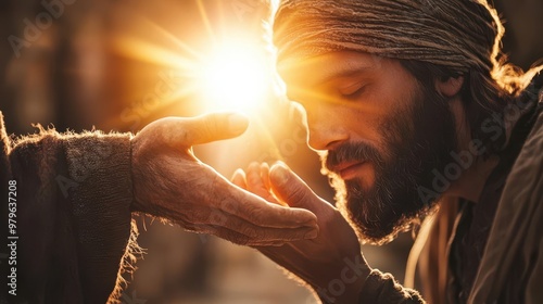 Jesus healing a blind man, radiant light around his hands, representing divine healing power