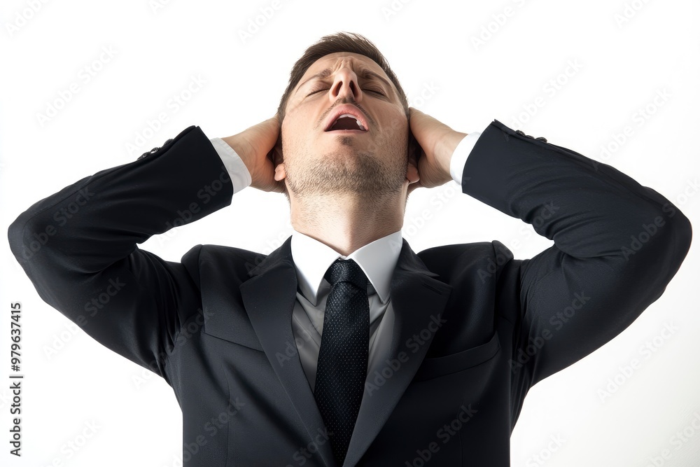 Frontal view of businessman throttling himself, isolated on white. Concept of problems and solutions with generative ai Frontal view of businessman throttling himself, isolated on white. Concept of problems and solutions with generative ai