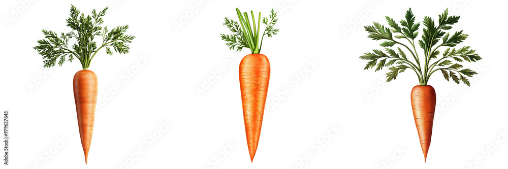 Three fresh carrots with vibrant green tops, perfect for healthy eating and cooking inspiration in a colorful kitchen setting. Three fresh carrots with vibrant green tops, perfect for healthy eating and cooking inspiration in a colorful kitchen setting.
