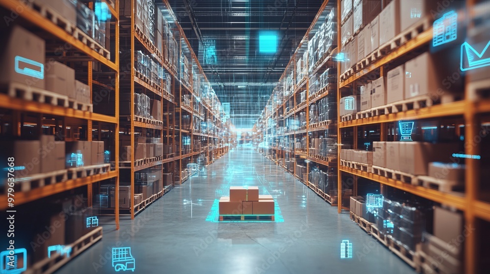 Smart warehouse management system identify package picking and delivery . Future concept of supply chain and logistic business Smart warehouse management system identify package picking and delivery . Future concept of supply chain and logistic business