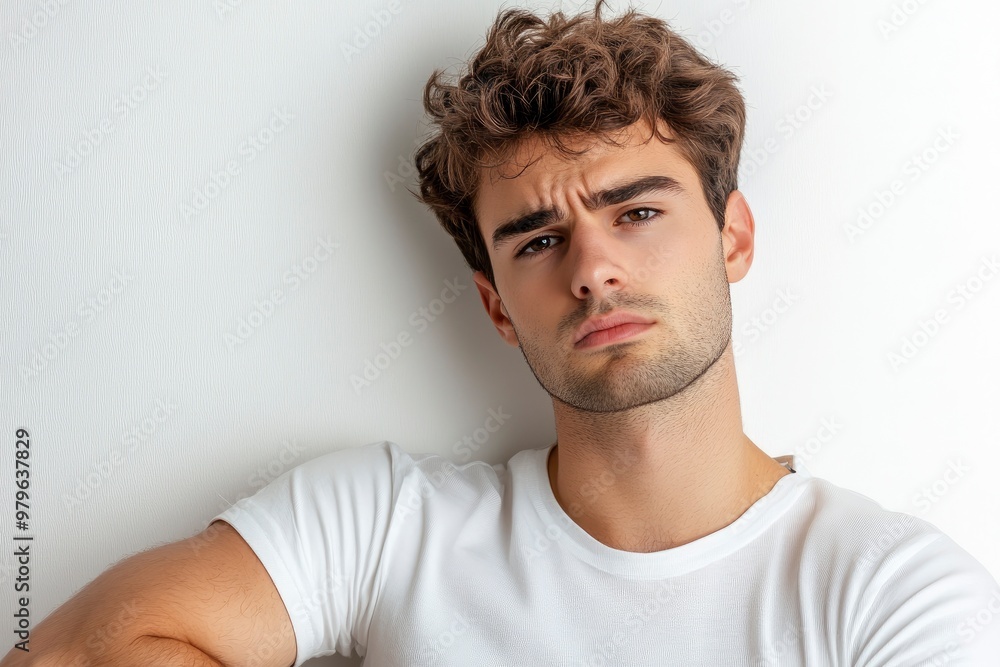 Obraz premium Frustrated young man looking at camera isolated over white background. Studio portrait of male face. A young handsome caucasian man poses for the camera with generative ai