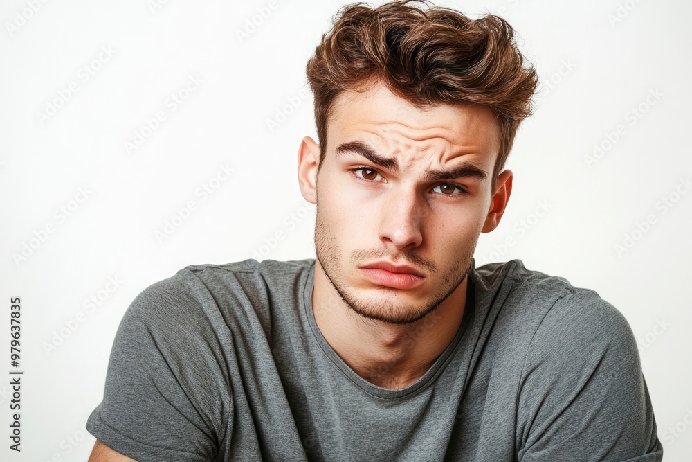 Frustrated young man looking at camera isolated over white background. Studio portrait of male face. A young handsome caucasian man poses for the camera with generative ai Frustrated young man looking at camera isolated over white background. Studio portrait of male face. A young handsome caucasian man poses for the camera with generative ai