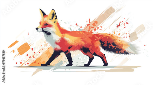 Red fox walking with artistic paint splatter background photo