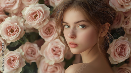 Fototapeta Naklejka Na Ścianę i Meble -  Beautiful woman posing with bouquet of pink roses