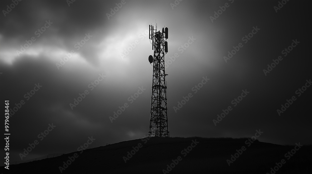 Fototapeta premium Telecommunication tower standing on a hill under dramatic sky