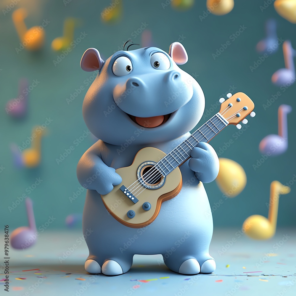 Hippo playing guitar, colorful music notes in the background, fun and lively, 3D illustration Hippo playing guitar, colorful music notes in the background, fun and lively, 3D illustration