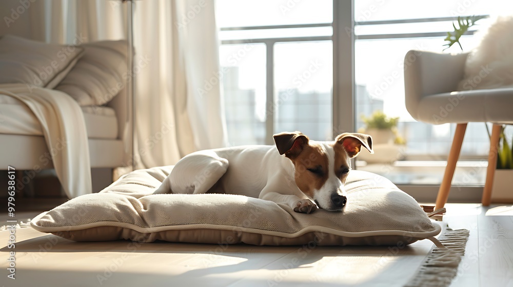 A dog sprawled out on a floor mounted bed at the sleeping A dog sprawled out on a floor mounted bed at the sleeping