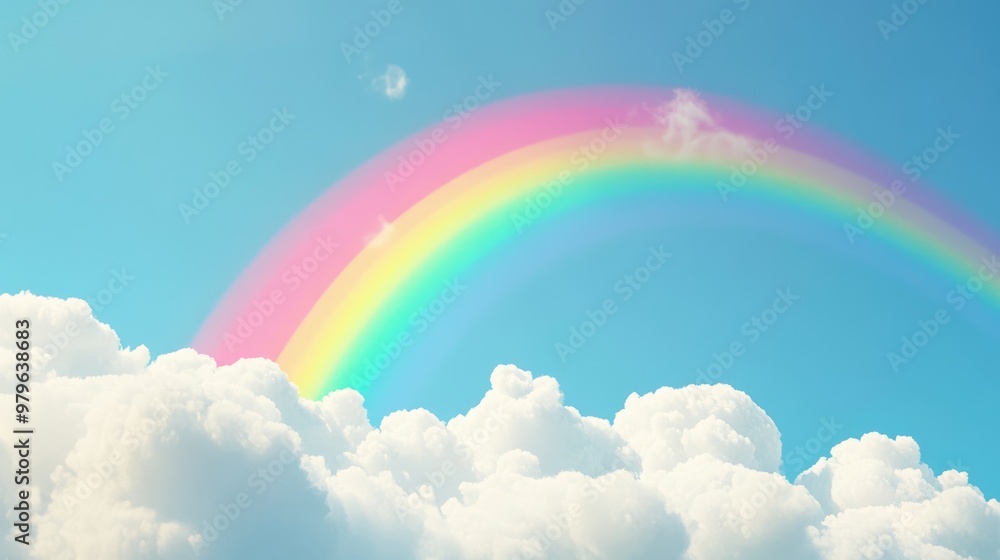 Vibrant rainbow appears amidst clouds in a clear blue sky symbolizing peace 3D rendering and illustration Vibrant rainbow appears amidst clouds in a clear blue sky symbolizing peace 3D rendering and illustration