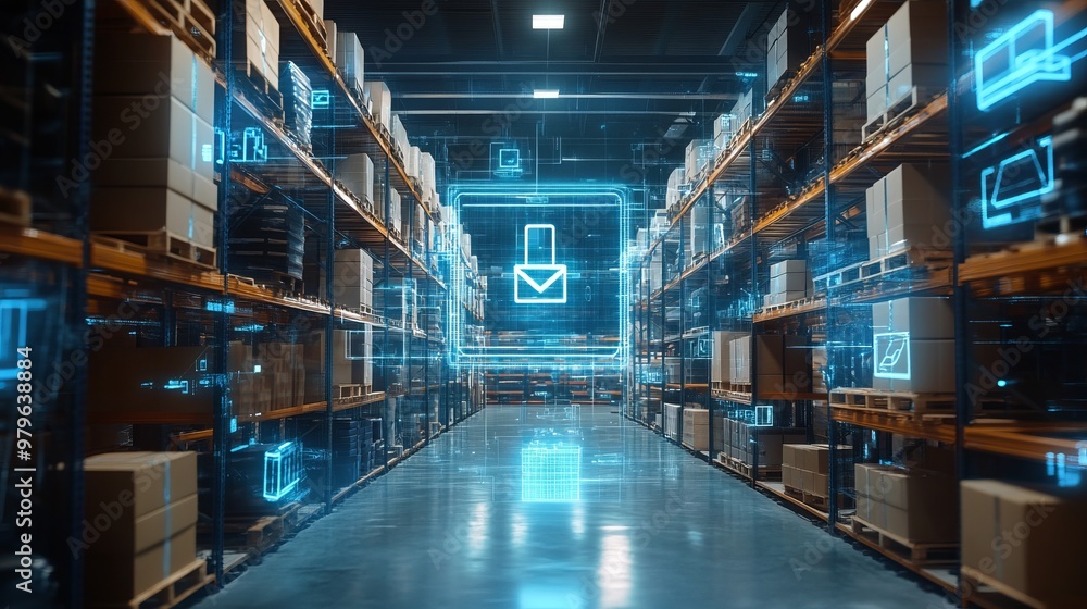 Smart warehouse management system identify package picking and delivery . Future concept of supply chain and logistic business Smart warehouse management system identify package picking and delivery . Future concept of supply chain and logistic business