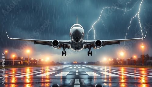 Airplane approach at the airport landing in bad weather storm hurricane rain fall stripes llightning strike isolated with white highlights, png photo