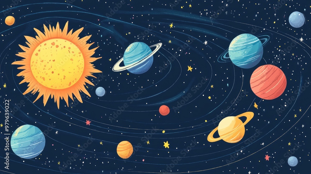 A vibrant illustration of a solar system showcasing the sun planets and stars in a playful cartoonish style with planets arranged in an arbitrary sequence Ideal for various creative projects A vibrant illustration of a solar system showcasing the sun planets and stars in a playful cartoonish style with planets arranged in an arbitrary sequence Ideal for various creative projects