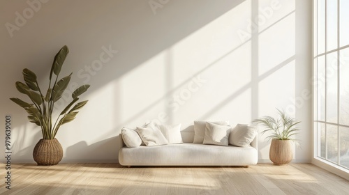 Minimalist living room interior featuring a sofa on wooden flooring decor on a large wall and a white landscape visible through the window Nordic home design concept 3D illustration