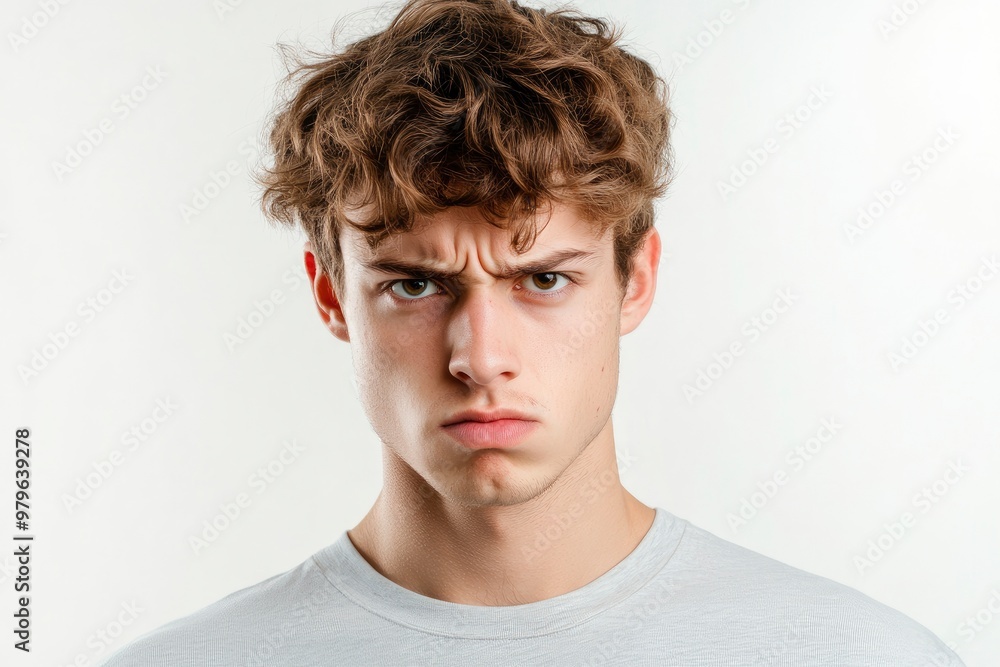 Frustrated young man looking at camera isolated over white background. Studio portrait of male face. A young handsome caucasian man poses for the camera with generative ai Frustrated young man looking at camera isolated over white background. Studio portrait of male face. A young handsome caucasian man poses for the camera with generative ai
