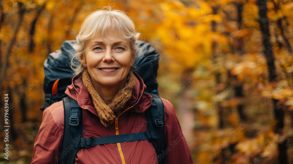 Hiker is smiling while hiking in a forest during autumn Hiker is smiling while hiking in a forest during autumn