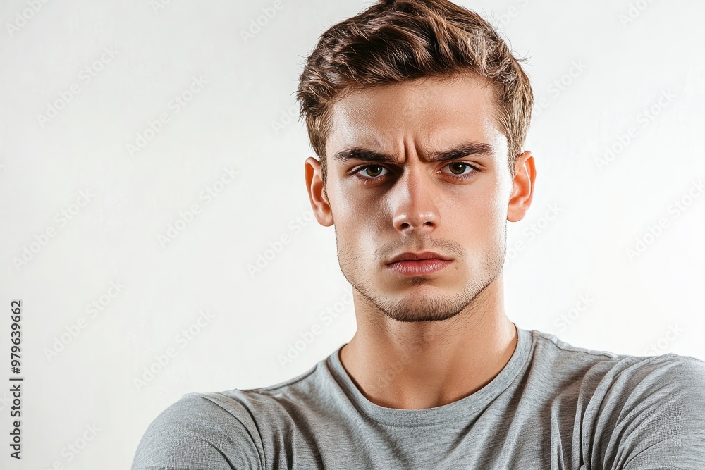 Obraz premium Frustrated young man looking at camera isolated over white background. Studio portrait of male face. A young handsome caucasian man poses for the camera with generative ai