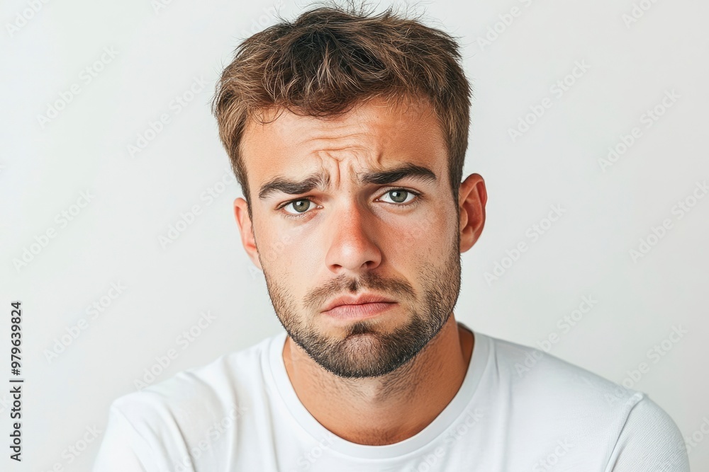 Frustrated young man looking at camera isolated over white background. Studio portrait of male face. A young handsome caucasian man poses for the camera with generative ai Frustrated young man looking at camera isolated over white background. Studio portrait of male face. A young handsome caucasian man poses for the camera with generative ai