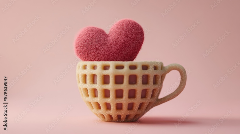 Heart shaped felt inside a waffle cup designed for a romantic theme 3D rendering Heart shaped felt inside a waffle cup designed for a romantic theme 3D rendering