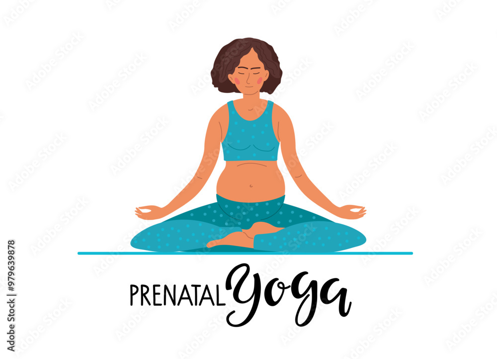 Prenatal Yoga. Pregnant woman in lotus position. Woman enjoying expectation of baby. Preparation for childbirth, yoga for pregnant women. Flat vector Healthy life style and health care concept Prenatal Yoga. Pregnant woman in lotus position. Woman enjoying expectation of baby. Preparation for childbirth, yoga for pregnant women. Flat vector Healthy life style and health care concept