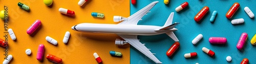 airplane top view and pills. Selective focus photo