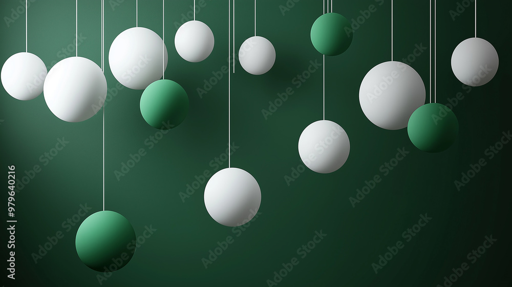 Green and white spheres hanging on green background minimalist abstract 3d rendering Green and white spheres hanging on green background minimalist abstract 3d rendering