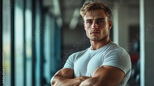 Retrato de un joven fuerte en el gimnasio con los brazos cruzados. El joven está de pie en una pose de tres cuartos. Sonriente después de sesión de ejercicio.