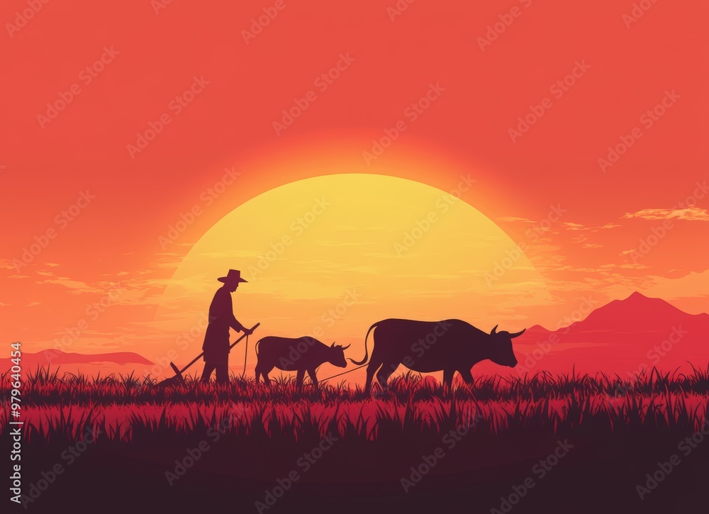 Fototapeta premium A silhouette of an Indian farmer plowing the field with oxen during sunset. a happy farm day poster design with the text 
