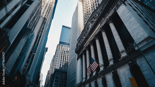 American flag hanging from new york stock exchange building facade