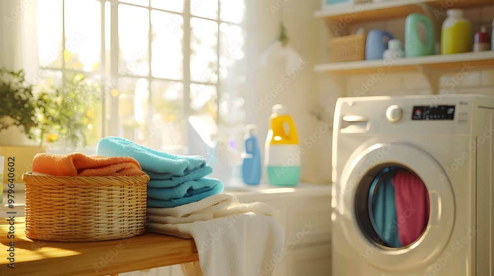 Bright and Organized Laundry Room with Modern Appliances and Freshly Folded Linens Bright and Organized Laundry Room with Modern Appliances and Freshly Folded Linens