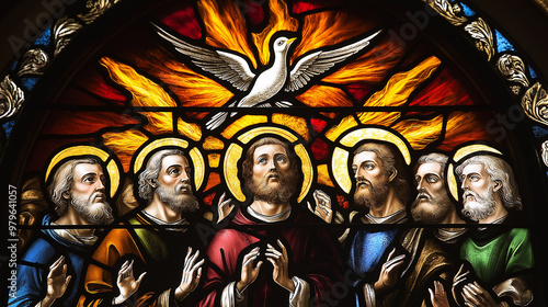 Stained glass depicting pentecost with the descent of the holy spirit